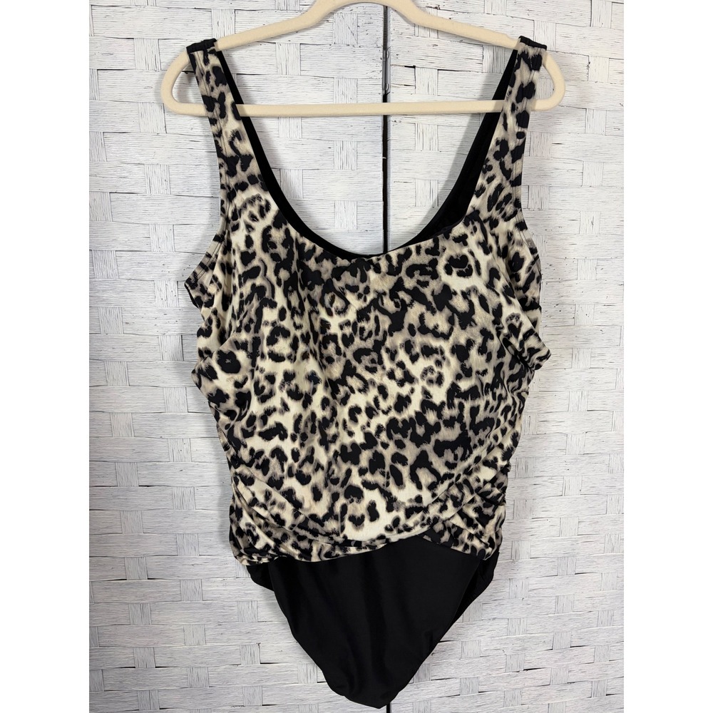 Lands End Womens Swimsuit Leopard Print One Piece Black Ruched Soft Cup Plus Sz